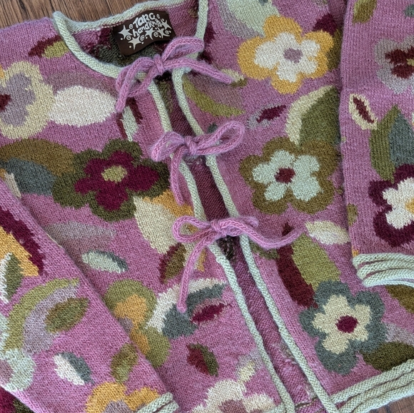 VTG Tara Handknits Multi Color Floral Tie Front Cottagecore Cardigan OS - Picture 2 of 6